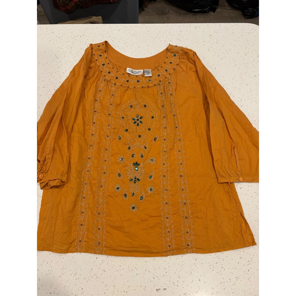 New Direction Woman Boho Embroidered Beaded Cotton Blouse Orange 1X